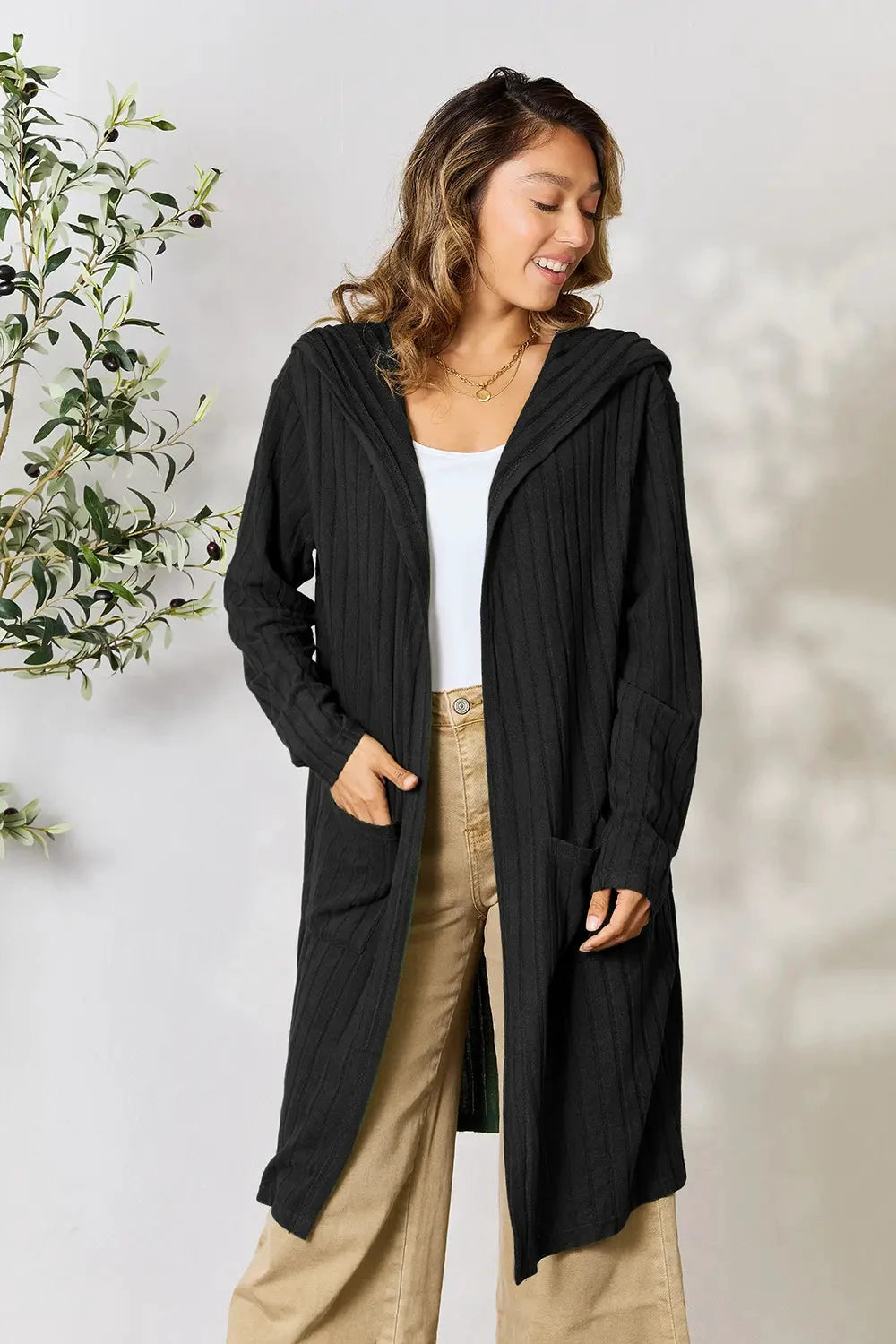Basic Bae Full Size Hooded Sweater Cardigan With Pockets by Trendsi