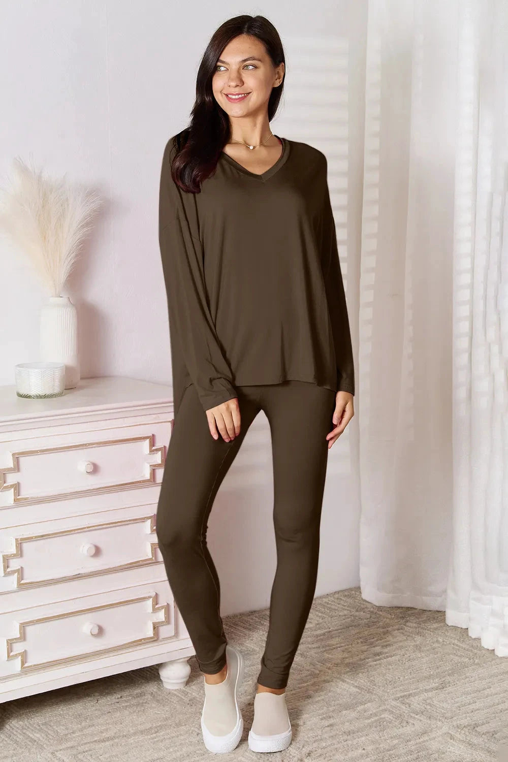 Basic Bae Bamboo Full Size V-Neck Long Sleeve Top and Pants Lounge Set by Trendsi