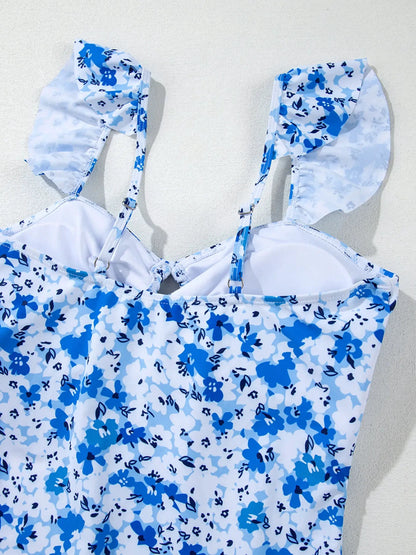 Floral Ruffled Strap Lace-up Hollow Out One Piece Swimsuit by Trendsi