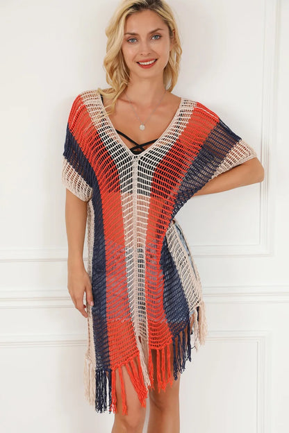 Tassel Color Block V-Neck Cover Up by Trendsi