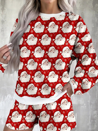 Christmas Santa Print Round Neck Top and Shorts Lounge Set by Trendsi