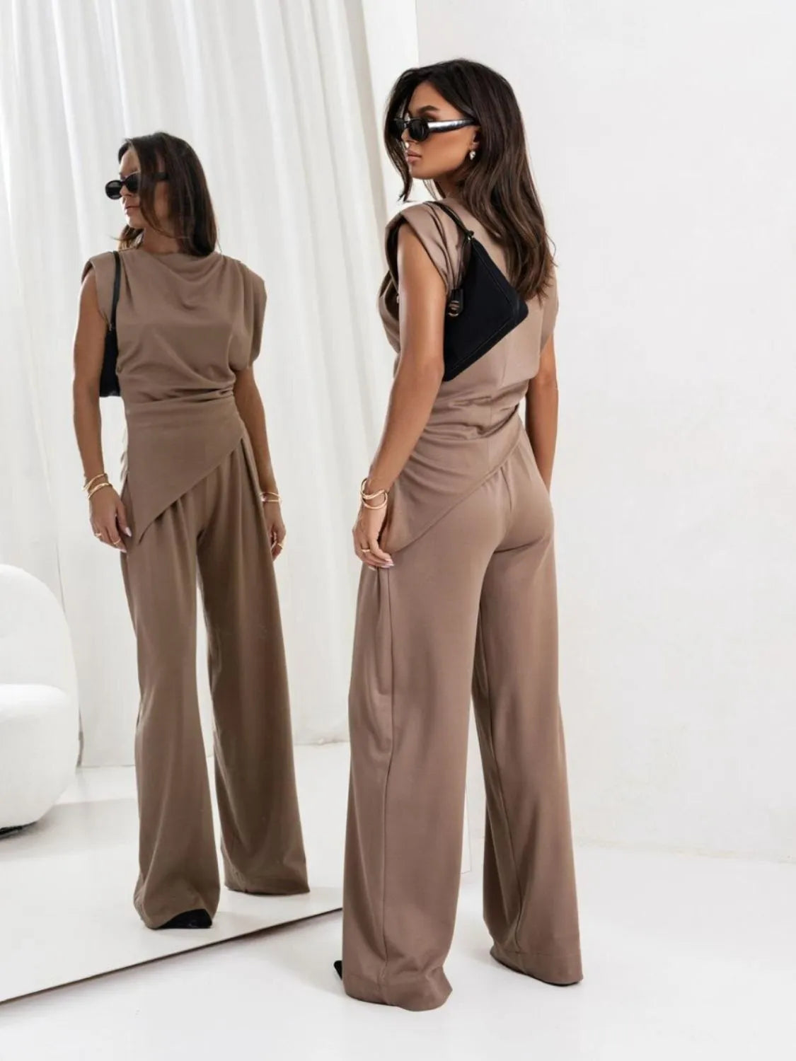 Slit Ruched Top and Wide Leg Pants Set by Trendsi