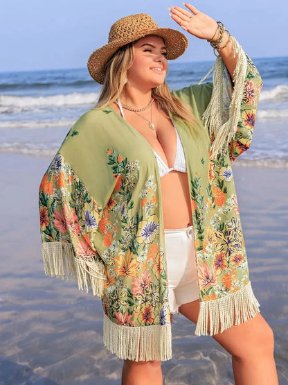 Plus Size Fringe Open Front Cover-Up by Trendsi