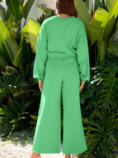Drop Shoulder Puff Sleeve Crop Top and Drawstring Wide Leg Pants Set by Trendsi