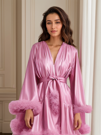 Mireya Plush Feather-Trim Short Satin Robe