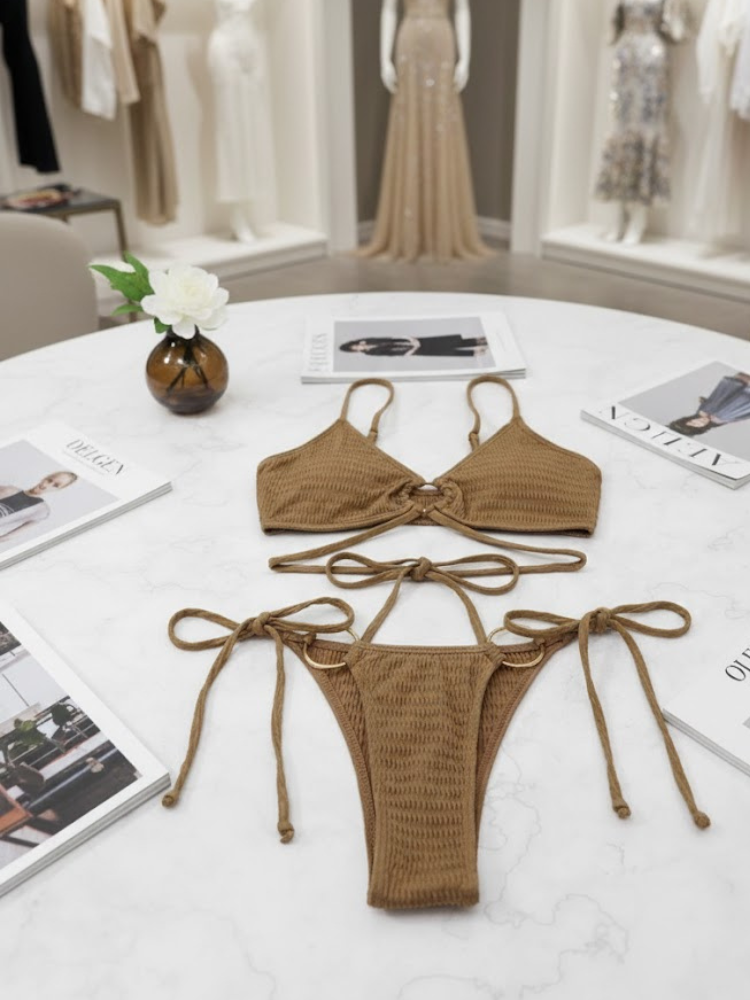 Bronte Trace Ring-Detail Wrap Bikini – Coffee