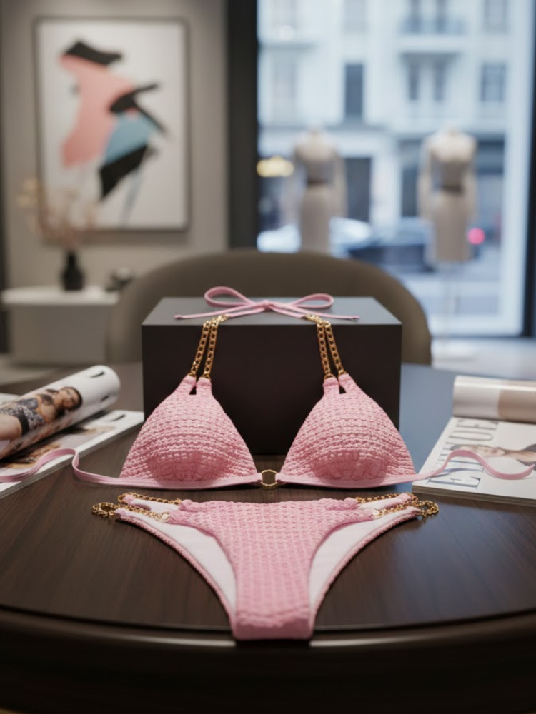 Petalia Link Chain-Detail Triangle Bikini – Pink