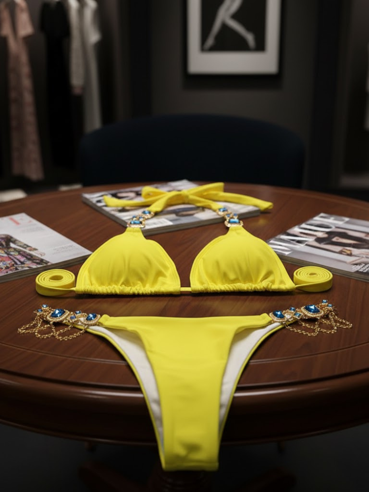 Liora Gleam Jeweled Triangle Bikini – Yellow