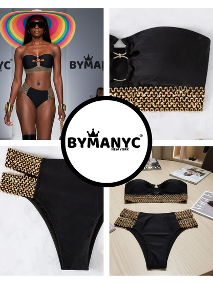 Auria Band Ring-Front Bandeau Bikini – Black