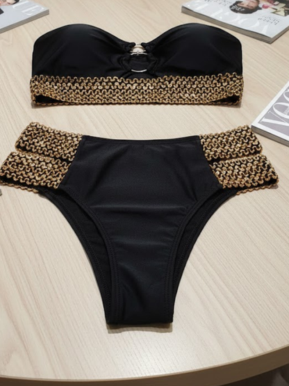 Auria Band Ring-Front Bandeau Bikini – Black