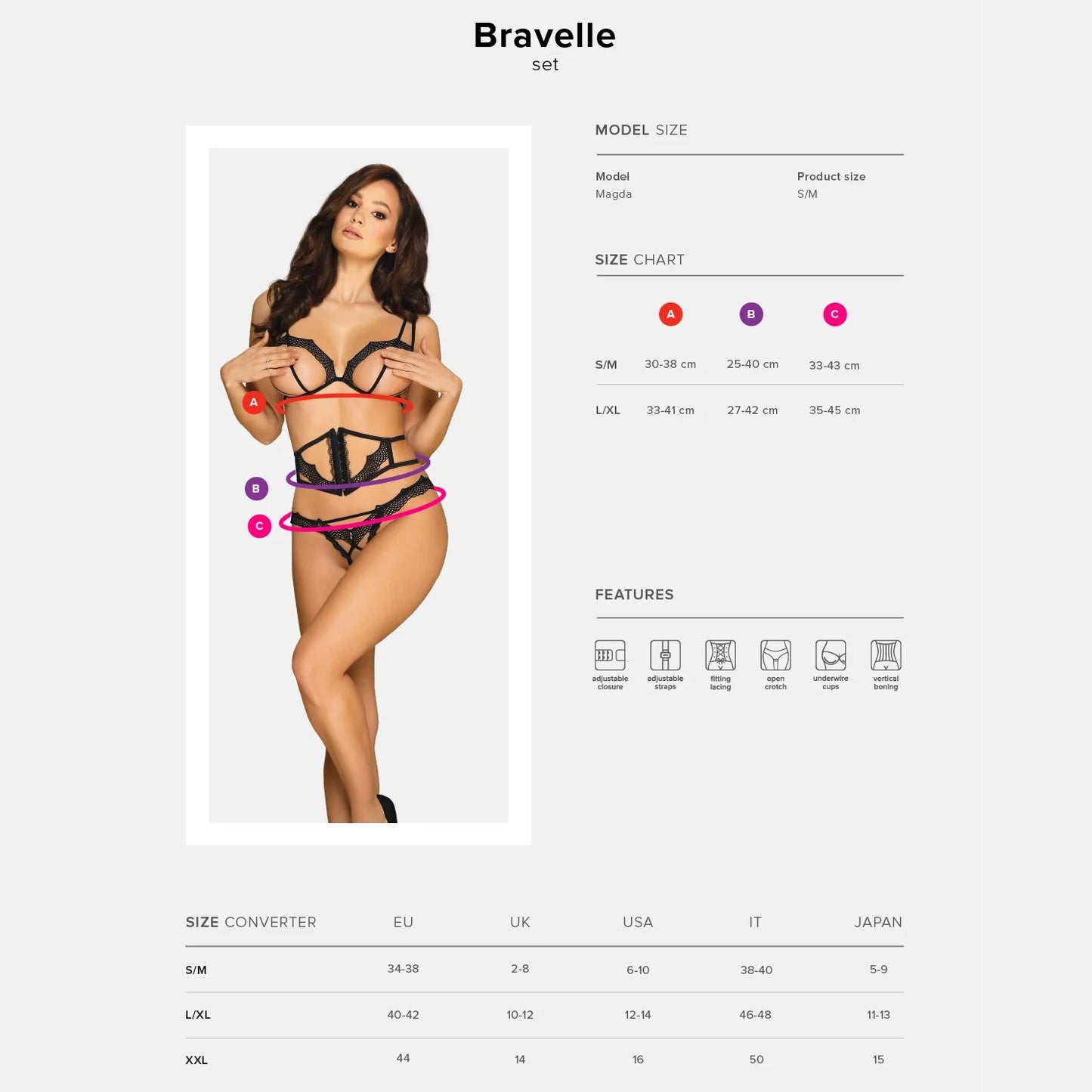 Obsessive Bravelle Open Cup Crotchless String 3 Piece Lingerie Set