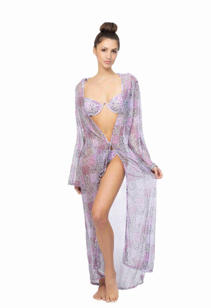 PATCHWORK PRINT MESH LONG COVER UP