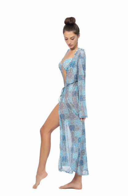 PATCHWORK PRINT MESH LONG COVER UP