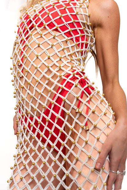 Hand-Woven Crochet Dress with Gold Beads | Cream