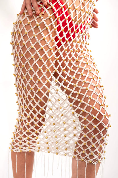 Hand-Woven Crochet Dress with Gold Beads | Cream