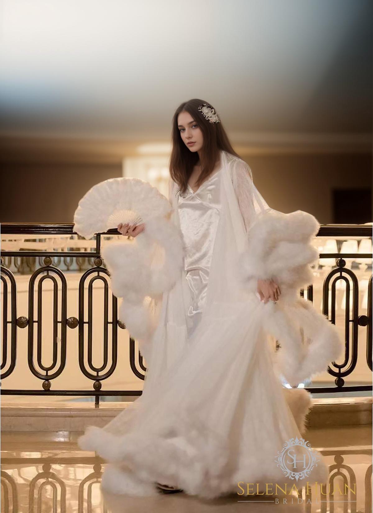 Seraphina Flourish Feather-Trim Robe and Nightgown Set
