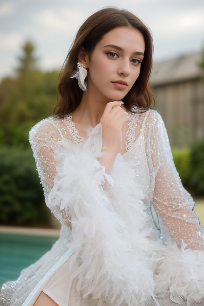 Astra Plume Sequin-Mesh Feather-Trim Robe