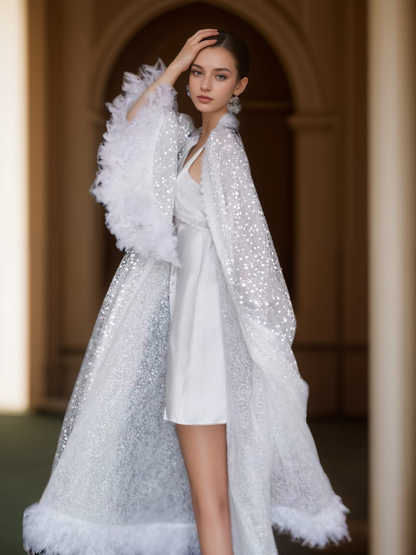 Astra Plume Sequin-Mesh Feather-Trim Robe