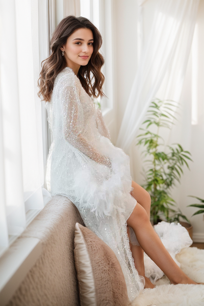 Astra Plume Sequin-Mesh Feather-Trim Robe