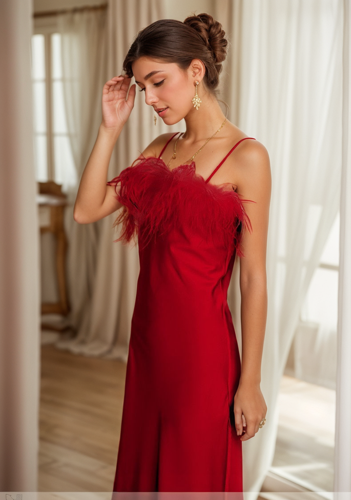 Plume Afterglow Feather-Trim Satin Nightgown