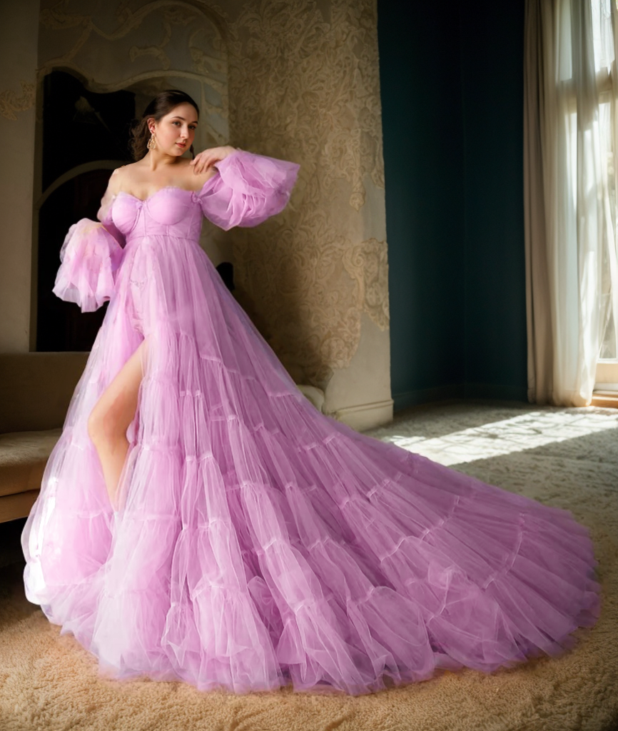 Ariane Cloud Tiered Tulle Off-Shoulder Robe