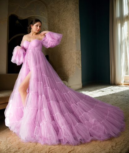 Ariane Cloud Tiered Tulle Off-Shoulder Robe
