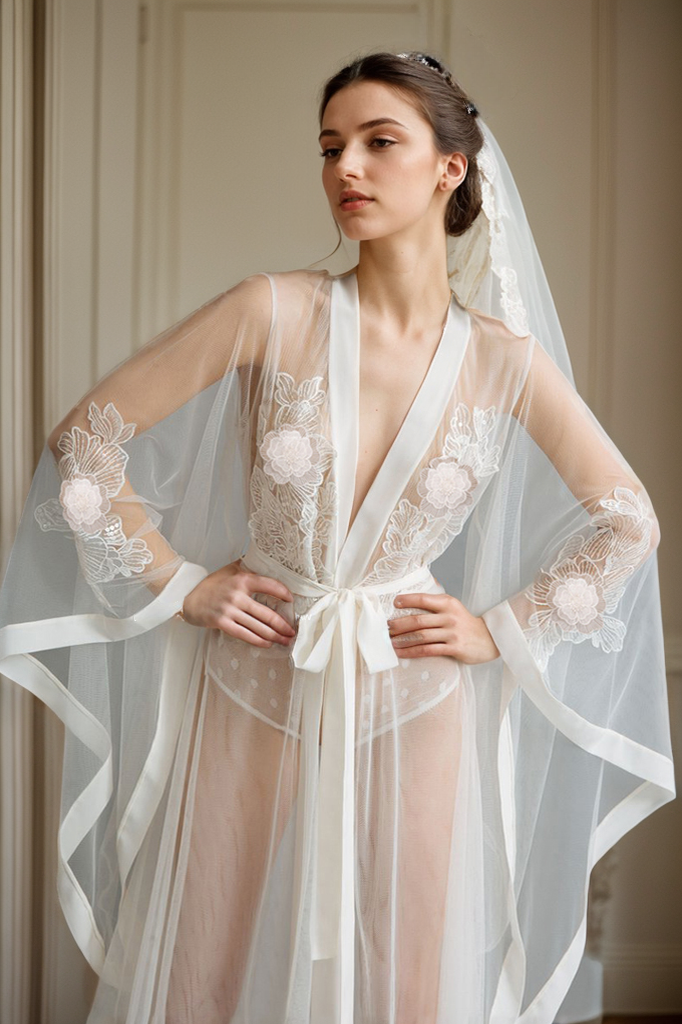 Floral Soliloquy Sheer Embroidered Bridal Robe