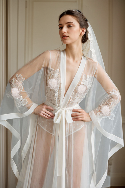 Floral Soliloquy Sheer Embroidered Bridal Robe