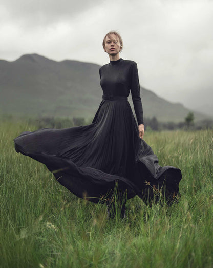 Pleat Bottom Stretch Maxi Dress-Black Shimmer by MEENA
