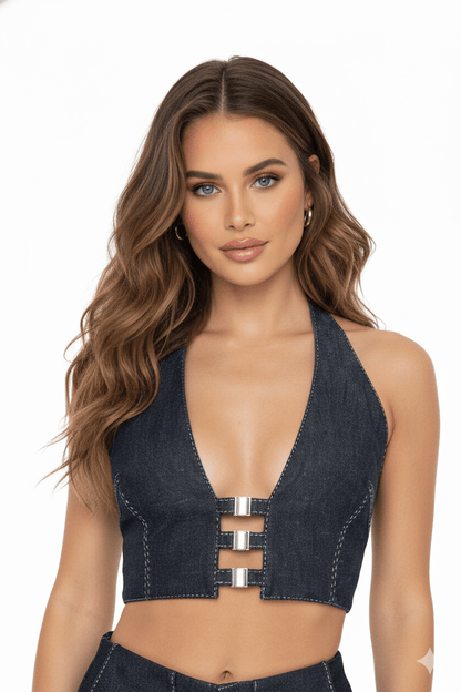 JENDUE Solen Crop - Denim Halter Top with Buckle Detail - Ansley Effect