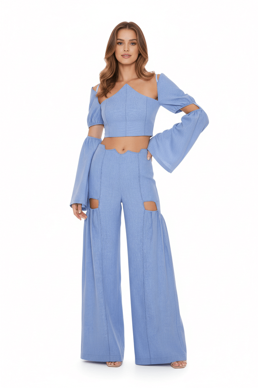 JENDUE Radiosa Sole Trousers - Linen Cut-Out Wide Leg Pants