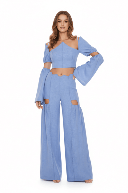 JENDUE Radiosa Sole Trousers - Linen Cut-Out Wide Leg Pants