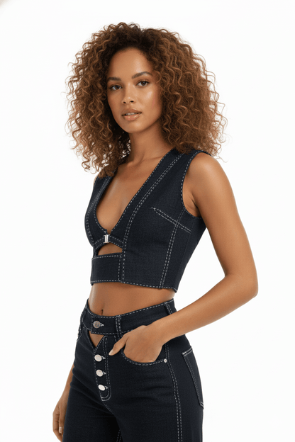 JENDUE Livia Crop - Asymmetric Dark Denim Cut-Out Top