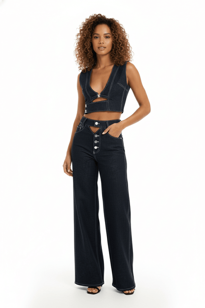 JENDUE Livia Trousers - Wide-Leg High-Waist Navy Denim