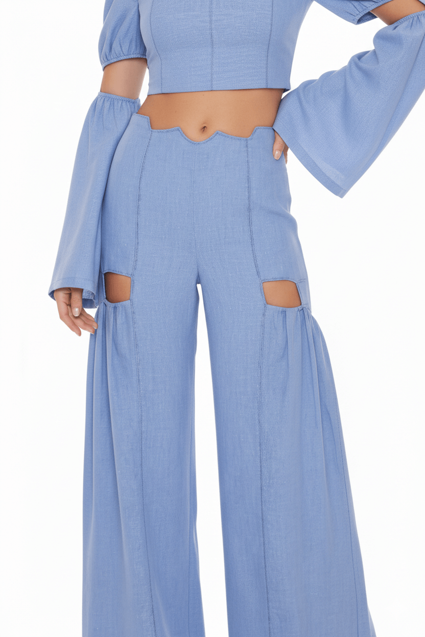 JENDUE Radiosa Sole Trousers - Linen Cut-Out Wide Leg Pants