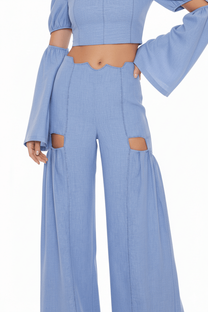JENDUE Radiosa Sole Trousers - Linen Cut-Out Wide Leg Pants