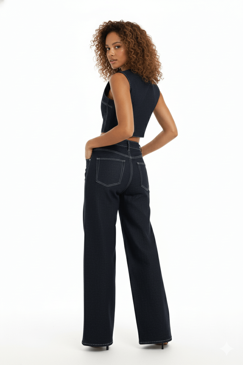 JENDUE Livia Trousers - Wide-Leg High-Waist Navy Denim