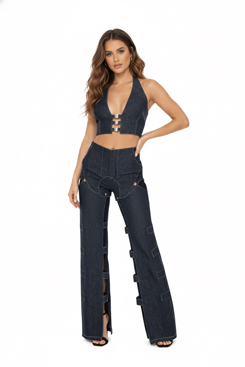 JENDUE Solen Crop - Denim Halter Top with Buckle Detail - Ansley Effect