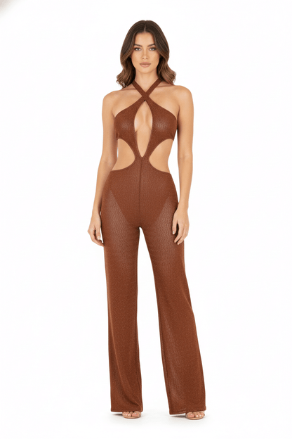 JENDUE Elion Jumpsuit - CutOut Halter Glitter Knit One - Piece - Ansley Effect