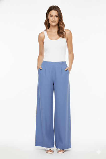 JENDUE Luna Trousers - Blue High-Waisted Wide Leg Pants