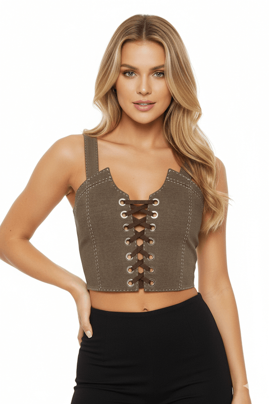 JENDUE Calen Crop Brown Lace - Up Canvas Corset Top - Ansley Effect