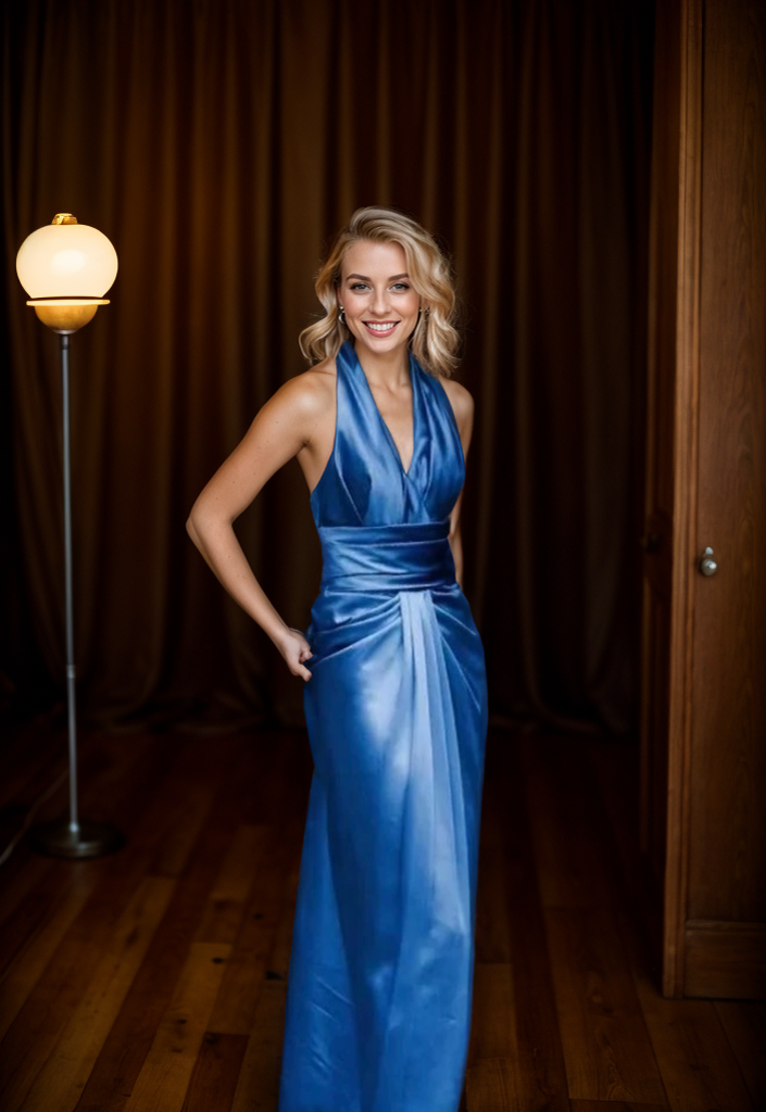 Thalia Evening Halter Satin Sheath Gown