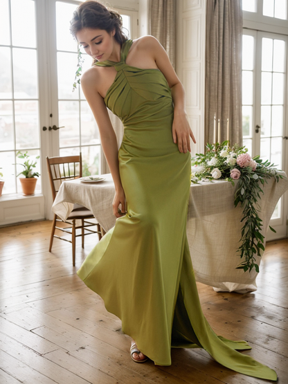 Olympia Ribbon Halter Satin Evening Gown