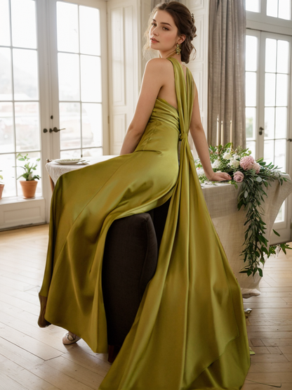 Olympia Ribbon Halter Satin Evening Gown