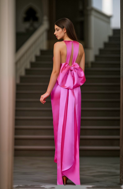 Violetta Bow Halter Satin Sheath Gown