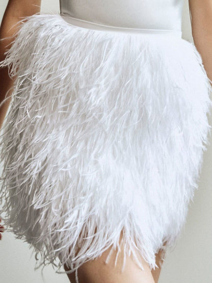 Livia Jubilee Halter Feather-Trim Mini Wedding Dress