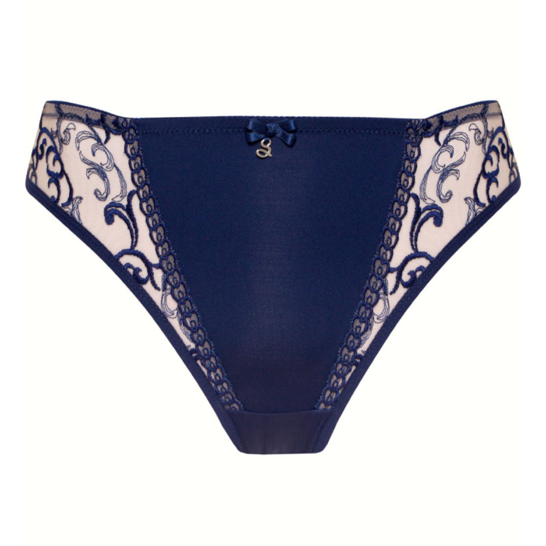 Samanta Hazel Navy Sheer Mesh Tulle Embroidered Tanga Panty