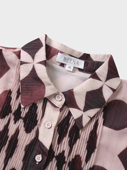 Pintuck Shimmer Print Blouse-Burgundy/Pink by MEENA