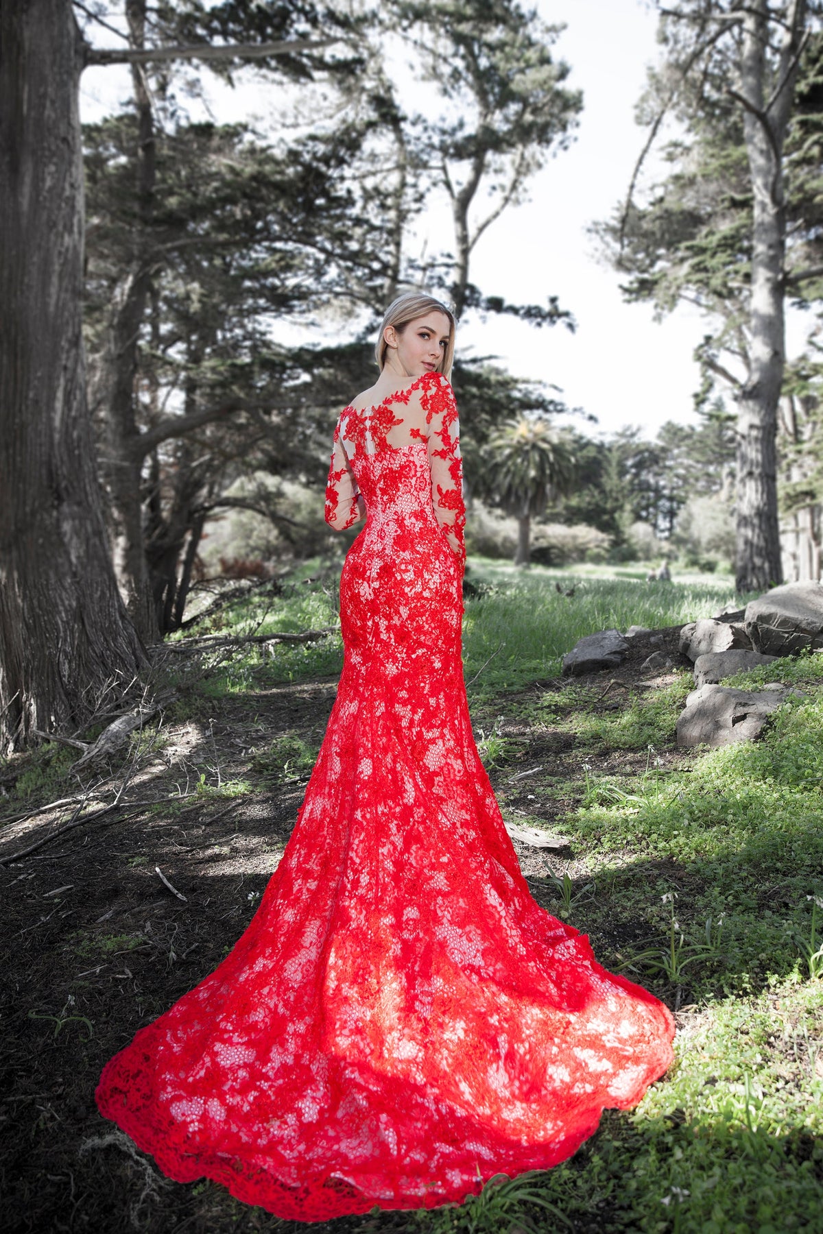 Crimson Reverie Long-Sleeve Lace Mermaid Gown