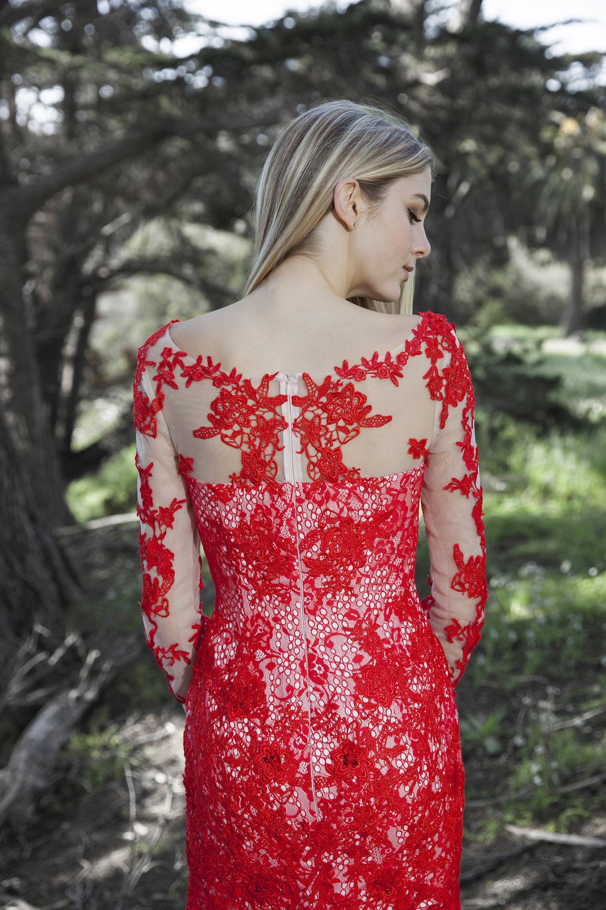 Crimson Reverie Long-Sleeve Lace Mermaid Gown